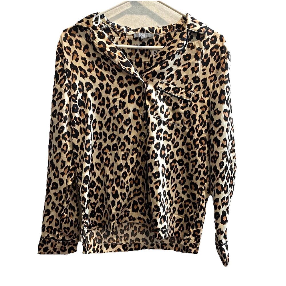 Loft Leopard Print Button Down Blouse Womens XS Satin Pajama Set Pants Top NWT
